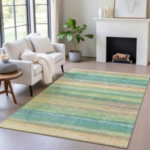 HomeRoots 5' Vibrant Artichoke Green, Peach & Teal Striped Washable Area Rug for Indoor/Outdoor Comfort 10' X 14' 631196