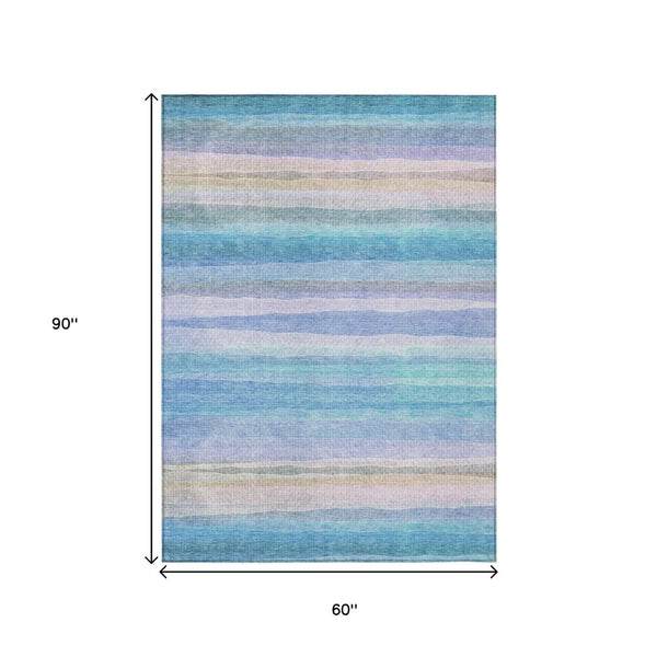 HomeRoots 5' Coastal-Inspired Striped Area Rug in Aqua, Lavender & Peach – Washable for Indoor & Outdoor Use 5' X 8' 631198