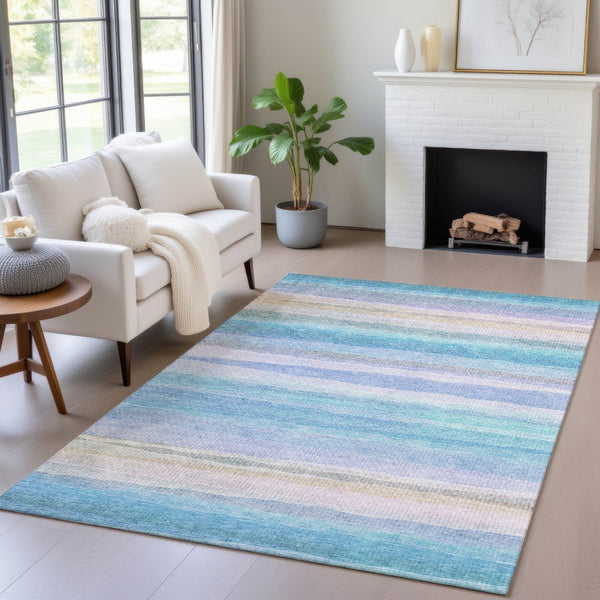 HomeRoots 5' Coastal-Inspired Striped Area Rug in Aqua, Lavender & Peach – Washable for Indoor & Outdoor Use 5' X 8' 631198