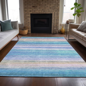 HomeRoots 5' Coastal-Inspired Striped Area Rug in Aqua, Lavender & Peach – Washable for Indoor & Outdoor Use 5' X 8' 631198
