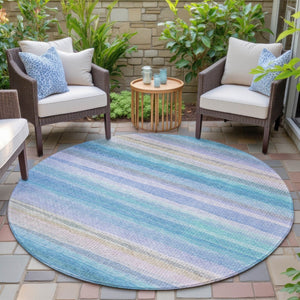 HomeRoots 5' Coastal-Inspired Striped Area Rug in Aqua, Lavender & Peach – Washable for Indoor & Outdoor Use 8' Round 631199