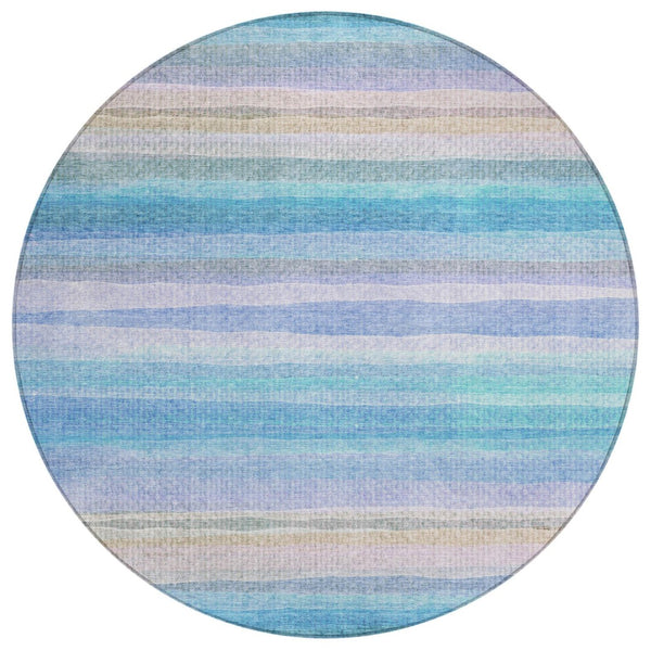 HomeRoots 5' Coastal-Inspired Striped Area Rug in Aqua, Lavender & Peach – Washable for Indoor & Outdoor Use 8' Round 631199