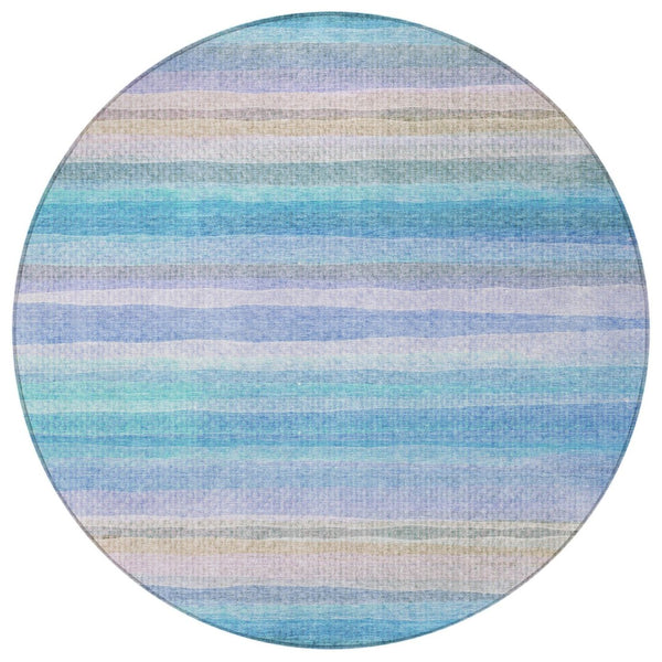 HomeRoots 5' Coastal-Inspired Striped Area Rug in Aqua, Lavender & Peach – Washable for Indoor & Outdoor Use 8' Round 631199