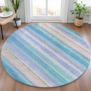 HomeRoots 5' Coastal-Inspired Striped Area Rug in Aqua, Lavender & Peach – Washable for Indoor & Outdoor Use 8' Round 631199