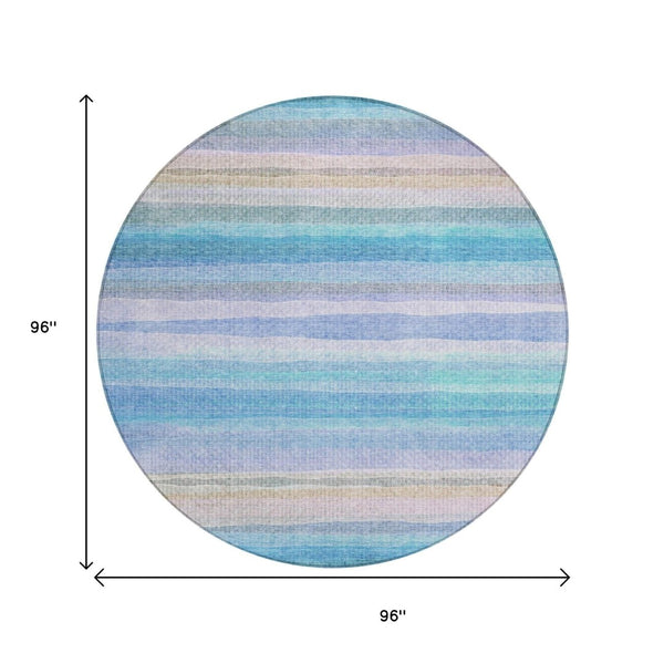 HomeRoots 5' Coastal-Inspired Striped Area Rug in Aqua, Lavender & Peach – Washable for Indoor & Outdoor Use 8' Round 631199