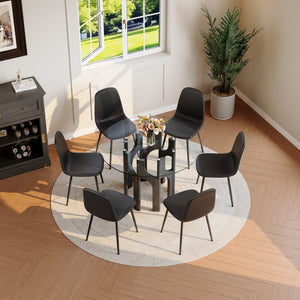 English Elm Round Tempered Glass Dining Table Sculptural Geometric Mdf Base Seats Four Compact Black W3875P387177