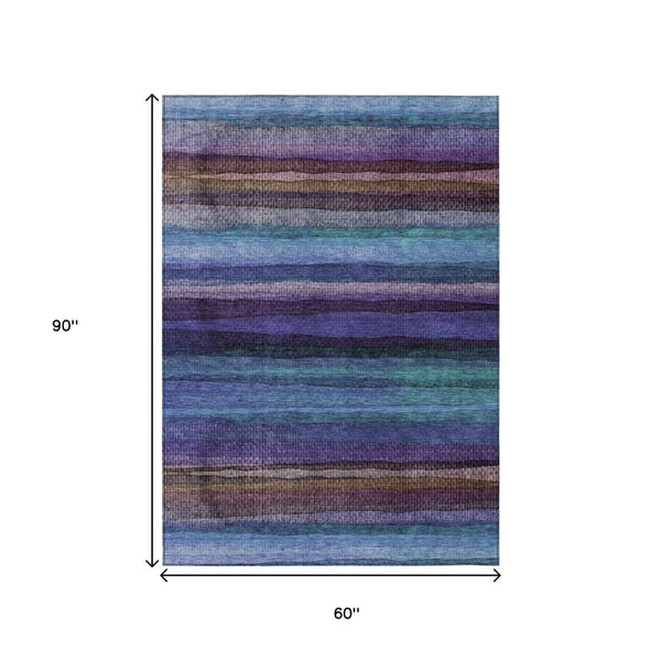 HomeRoots 5' Striped Washable Area Rug in Blue, Purple & Taupe - Durable Indoor/Outdoor Comfort & Style 5' X 8' 631204
