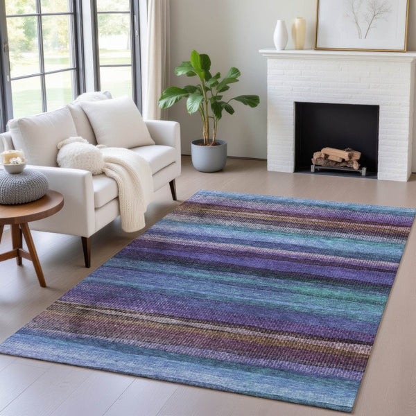 HomeRoots 5' Striped Washable Area Rug in Blue, Purple & Taupe - Durable Indoor/Outdoor Comfort & Style 5' X 8' 631204