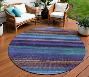 HomeRoots 5' Striped Washable Area Rug in Blue, Purple & Taupe - Durable Indoor/Outdoor Comfort & Style 8' Round 631205