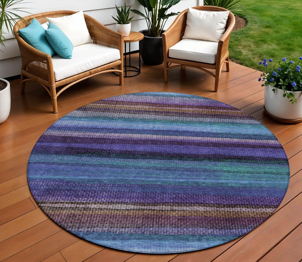 HomeRoots 5' Striped Washable Area Rug in Blue, Purple & Taupe - Durable Indoor/Outdoor Comfort & Style 8' Round 631205
