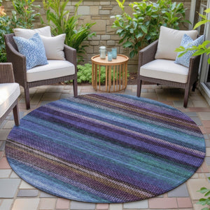 HomeRoots 5' Striped Washable Area Rug in Blue, Purple & Taupe - Durable Indoor/Outdoor Comfort & Style 8' Round 631205
