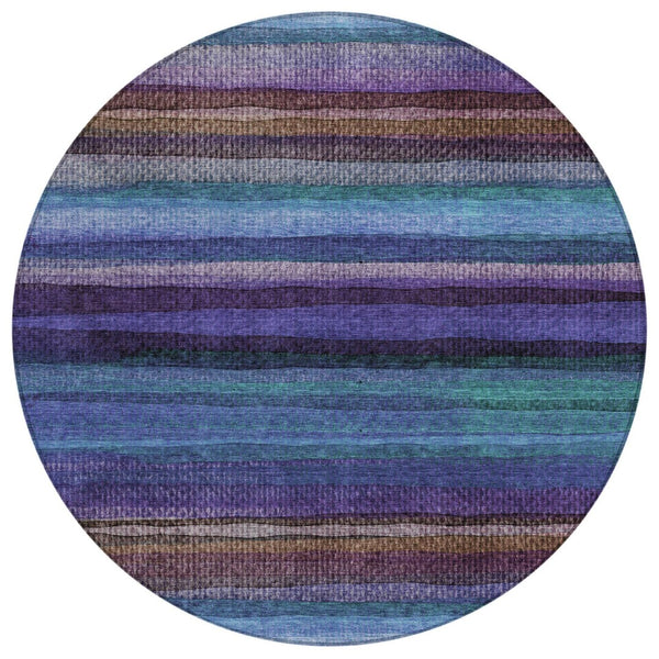 HomeRoots 5' Striped Washable Area Rug in Blue, Purple & Taupe - Durable Indoor/Outdoor Comfort & Style 8' Round 631205