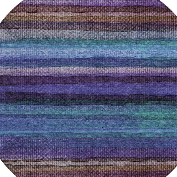 HomeRoots 5' Striped Washable Area Rug in Blue, Purple & Taupe - Durable Indoor/Outdoor Comfort & Style 8' Round 631205