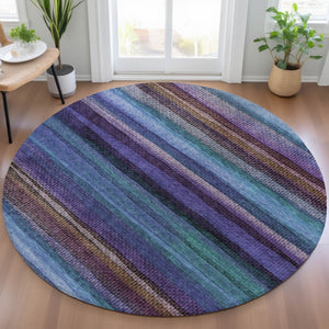 HomeRoots 5' Striped Washable Area Rug in Blue, Purple & Taupe - Durable Indoor/Outdoor Comfort & Style 8' Round 631205