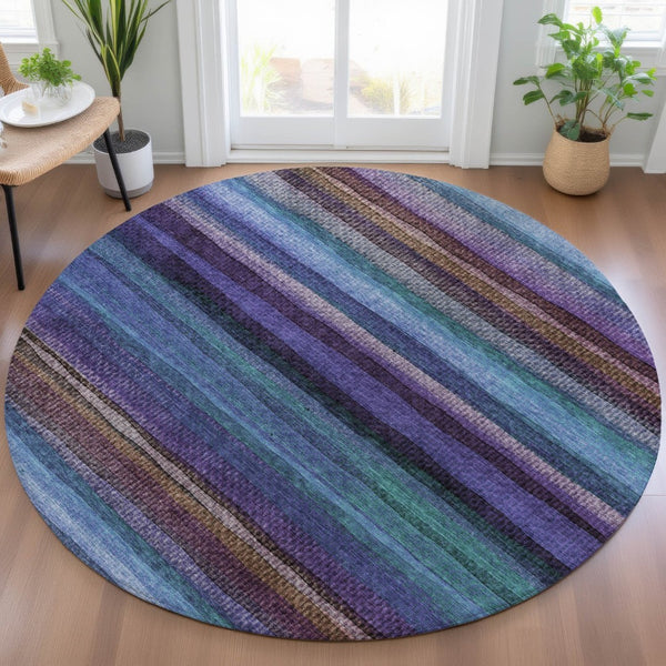 HomeRoots 5' Striped Washable Area Rug in Blue, Purple & Taupe - Durable Indoor/Outdoor Comfort & Style 8' Round 631205