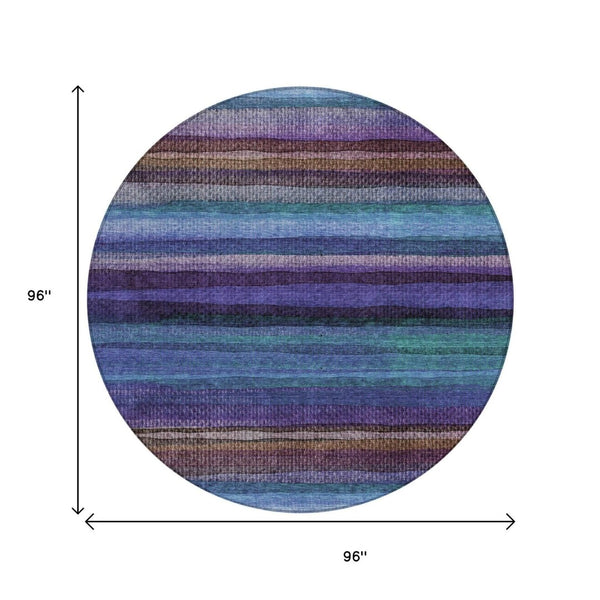HomeRoots 5' Striped Washable Area Rug in Blue, Purple & Taupe - Durable Indoor/Outdoor Comfort & Style 8' Round 631205