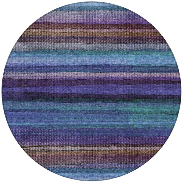 HomeRoots 5' Striped Washable Area Rug in Blue, Purple & Taupe - Durable Indoor/Outdoor Comfort & Style 8' Round 631205