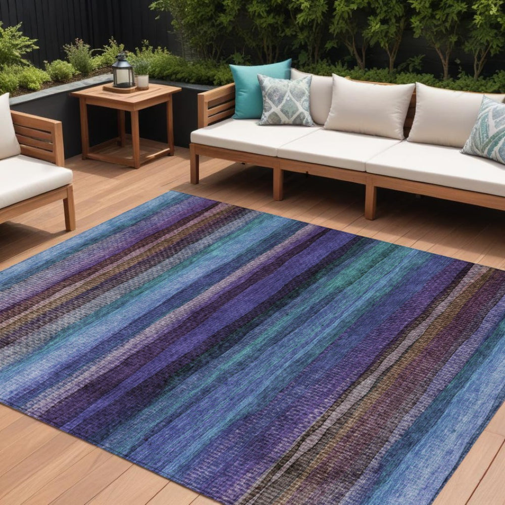 HomeRoots 5' Striped Washable Area Rug in Blue, Purple & Taupe - Durable Indoor/Outdoor Comfort & Style 8' X 10' 631206