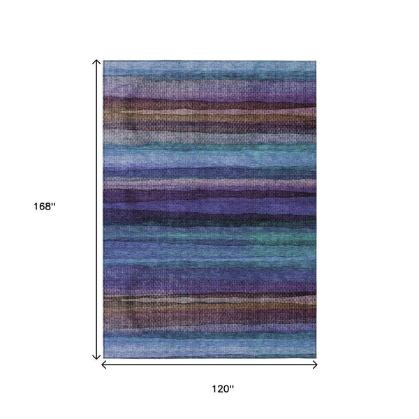 HomeRoots 5' Striped Washable Area Rug in Blue, Purple & Taupe - Durable Indoor/Outdoor Comfort & Style 10' X 14' 631208