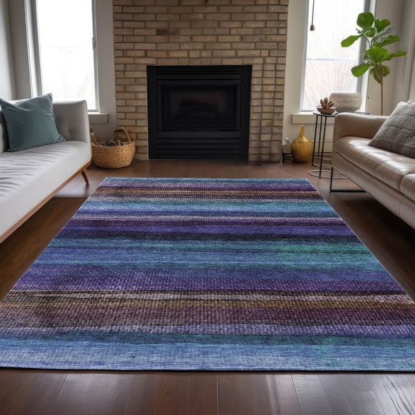 HomeRoots 5' Striped Washable Area Rug in Blue, Purple & Taupe - Durable Indoor/Outdoor Comfort & Style 10' X 14' 631208