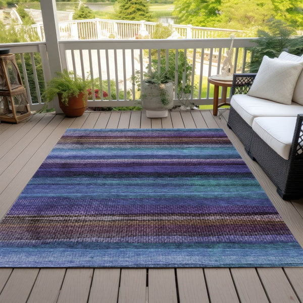 HomeRoots 5' Striped Washable Area Rug in Blue, Purple & Taupe - Durable Indoor/Outdoor Comfort & Style 10' X 14' 631208