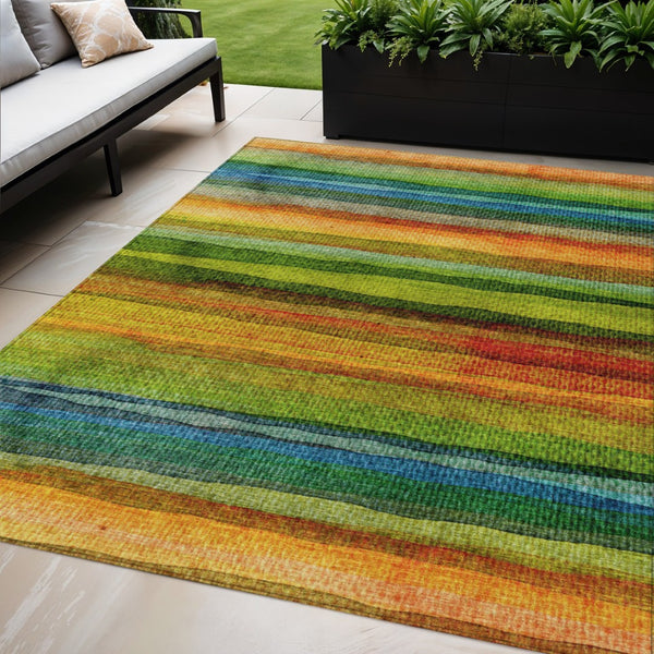 HomeRoots 5' Washable Indoor Outdoor Area Rug in Striking Green, Teal, Blue & Copper Stripes for Versatile Style 5' X 8' 631210