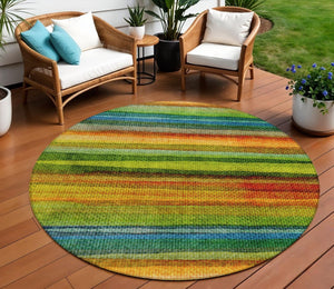 HomeRoots 5' Washable Indoor Outdoor Area Rug in Striking Green, Teal, Blue & Copper Stripes for Versatile Style 8' Round 631211