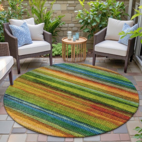 HomeRoots 5' Washable Indoor Outdoor Area Rug in Striking Green, Teal, Blue & Copper Stripes for Versatile Style 8' Round 631211