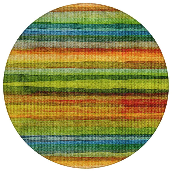 HomeRoots 5' Washable Indoor Outdoor Area Rug in Striking Green, Teal, Blue & Copper Stripes for Versatile Style 8' Round 631211