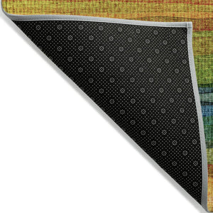 HomeRoots 5' Washable Indoor Outdoor Area Rug in Striking Green, Teal, Blue & Copper Stripes for Versatile Style 8' Round 631211