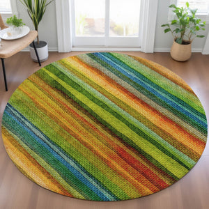HomeRoots 5' Washable Indoor Outdoor Area Rug in Striking Green, Teal, Blue & Copper Stripes for Versatile Style 8' Round 631211