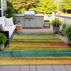 HomeRoots 5' Washable Indoor Outdoor Area Rug in Striking Green, Teal, Blue & Copper Stripes for Versatile Style 8' X 10' 631212