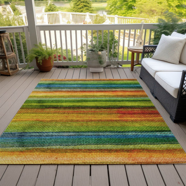 HomeRoots 5' Washable Indoor Outdoor Area Rug in Striking Green, Teal, Blue & Copper Stripes for Versatile Style 8' X 10' 631212
