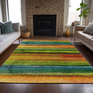 HomeRoots 5' Washable Indoor Outdoor Area Rug in Striking Green, Teal, Blue & Copper Stripes for Versatile Style 9' X 12' 631213