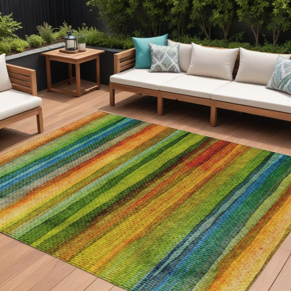 HomeRoots 5' Washable Indoor Outdoor Area Rug in Striking Green, Teal, Blue & Copper Stripes for Versatile Style 10' X 14' 631214