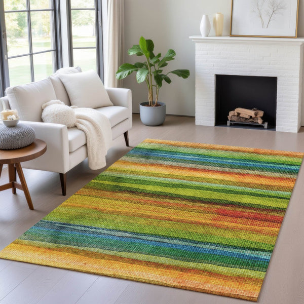 HomeRoots 5' Washable Indoor Outdoor Area Rug in Striking Green, Teal, Blue & Copper Stripes for Versatile Style 10' X 14' 631214
