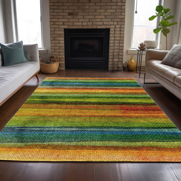 HomeRoots 5' Washable Indoor Outdoor Area Rug in Striking Green, Teal, Blue & Copper Stripes for Versatile Style 10' X 14' 631214