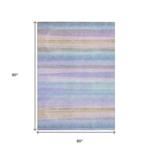 HomeRoots 5' Striped Indoor Outdoor Area Rug in Lavender, Sky Blue, and Beige – Stylish, Durable, Washable Design 5' X 8' 631216