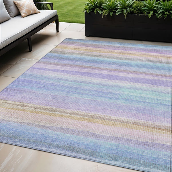 HomeRoots 5' Striped Indoor Outdoor Area Rug in Lavender, Sky Blue, and Beige – Stylish, Durable, Washable Design 5' X 8' 631216