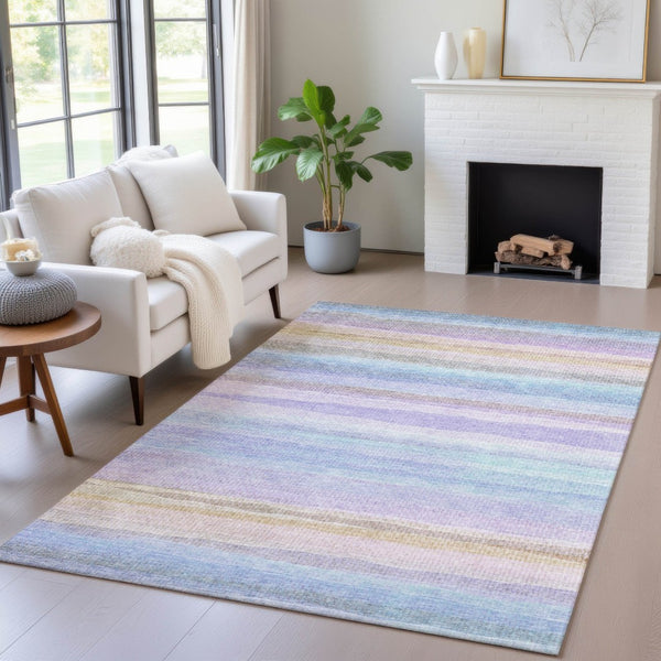 HomeRoots 5' Striped Indoor Outdoor Area Rug in Lavender, Sky Blue, and Beige – Stylish, Durable, Washable Design 5' X 8' 631216