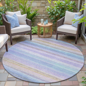 HomeRoots 5' Striped Indoor Outdoor Area Rug in Lavender, Sky Blue, and Beige – Stylish, Durable, Washable Design 8' Round 631217
