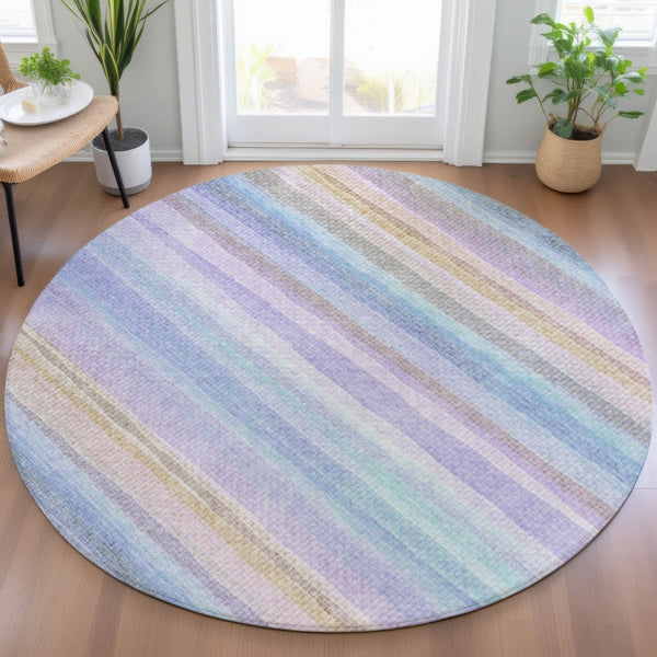 HomeRoots 5' Striped Indoor Outdoor Area Rug in Lavender, Sky Blue, and Beige – Stylish, Durable, Washable Design 8' Round 631217
