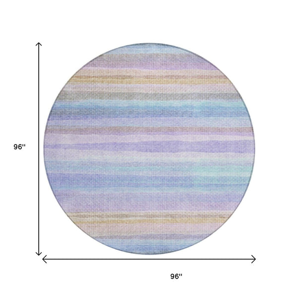 HomeRoots 5' Striped Indoor Outdoor Area Rug in Lavender, Sky Blue, and Beige – Stylish, Durable, Washable Design 8' Round 631217