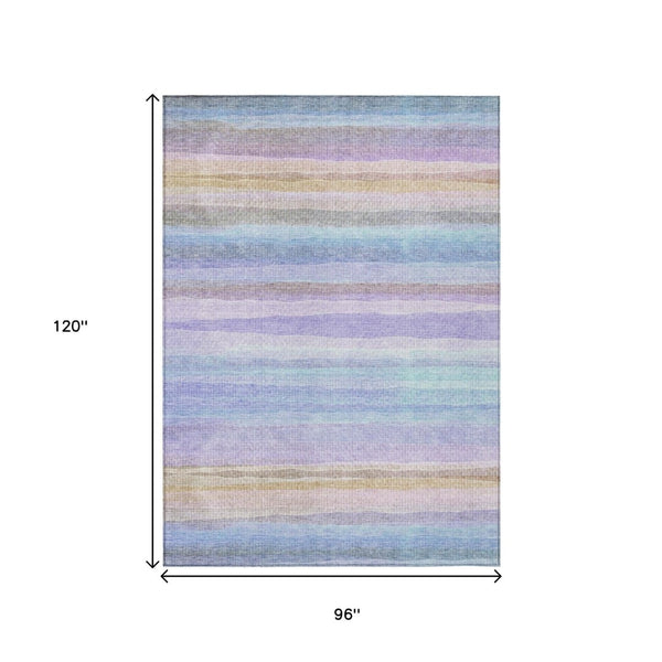 HomeRoots 5' Striped Indoor Outdoor Area Rug in Lavender, Sky Blue, and Beige – Stylish, Durable, Washable Design 8' X 10' 631218