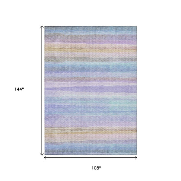 HomeRoots 5' Striped Indoor Outdoor Area Rug in Lavender, Sky Blue, and Beige – Stylish, Durable, Washable Design 9' X 12' 631219