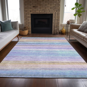 HomeRoots 5' Striped Indoor Outdoor Area Rug in Lavender, Sky Blue, and Beige – Stylish, Durable, Washable Design 9' X 12' 631219