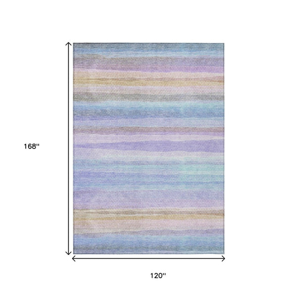 HomeRoots 5' Striped Indoor Outdoor Area Rug in Lavender, Sky Blue, and Beige – Stylish, Durable, Washable Design 10' X 14' 631220