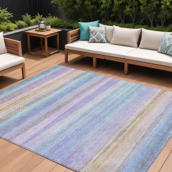 HomeRoots 5' Striped Indoor Outdoor Area Rug in Lavender, Sky Blue, and Beige – Stylish, Durable, Washable Design 10' X 14' 631220
