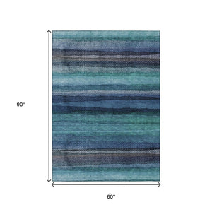 HomeRoots 5' Teal Blue Aqua and Navy Striped Washable Area Rug – Durable Comfort for Indoor and Outdoor Use 5' X 8' 631222
