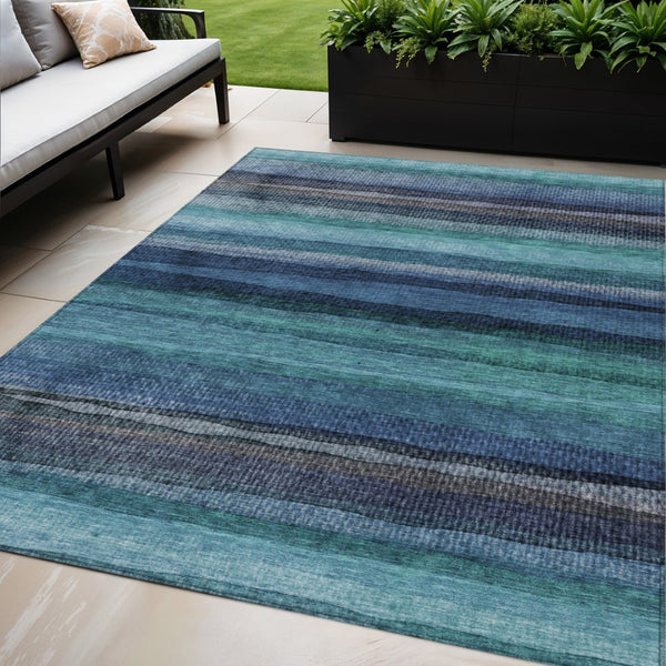 HomeRoots 5' Teal Blue Aqua and Navy Striped Washable Area Rug – Durable Comfort for Indoor and Outdoor Use 5' X 8' 631222